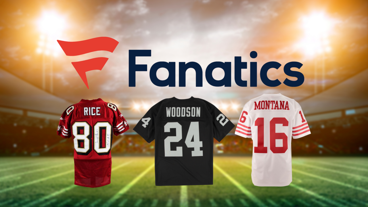 Fanatics logo alongside football jerseys for Jerry Rice, Charles Woodson, and Joe Montana
