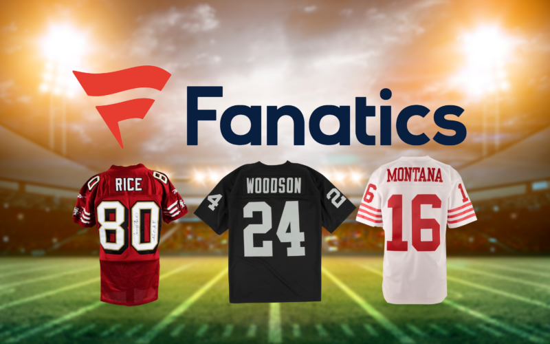 Fanatics logo alongside football jerseys for Jerry Rice, Charles Woodson, and Joe Montana