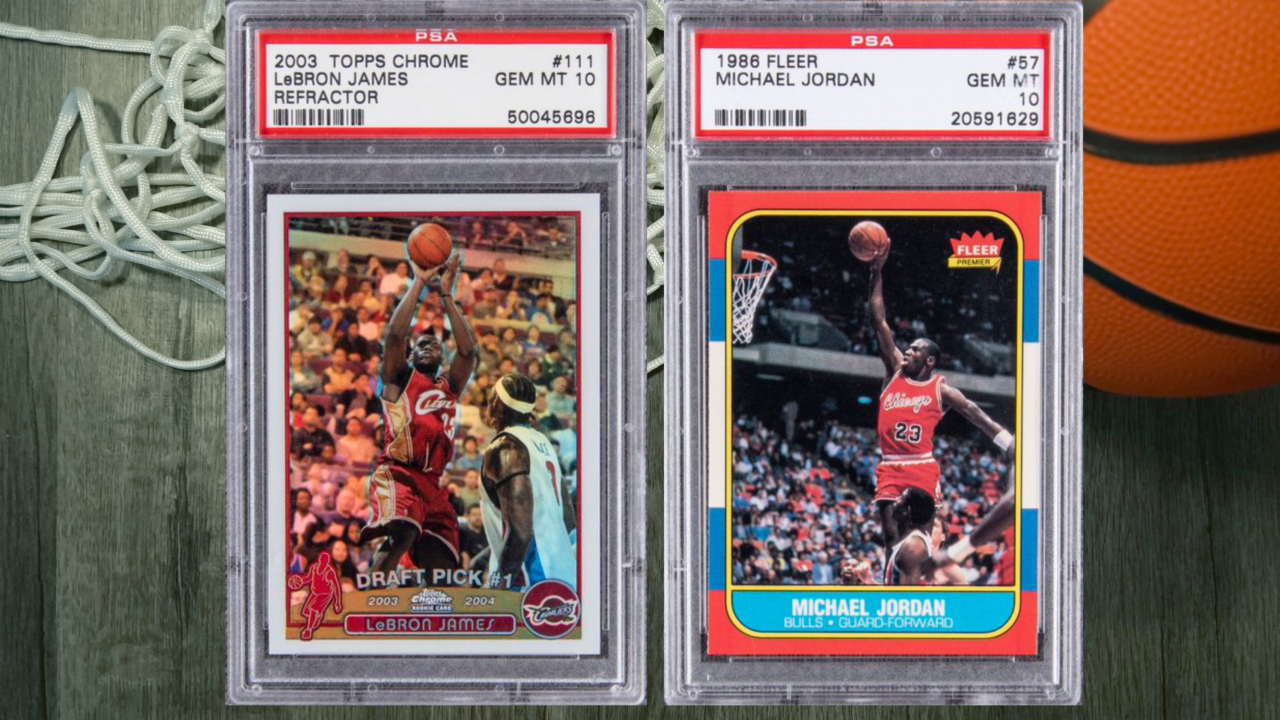 A 2003 LeBron James Topps Chrome Refractor rookie card and a 1986 Michael Jordan Fleer rookie card