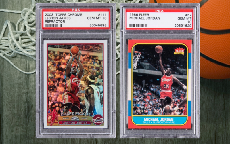 A 2003 LeBron James Topps Chrome Refractor rookie card and a 1986 Michael Jordan Fleer rookie card