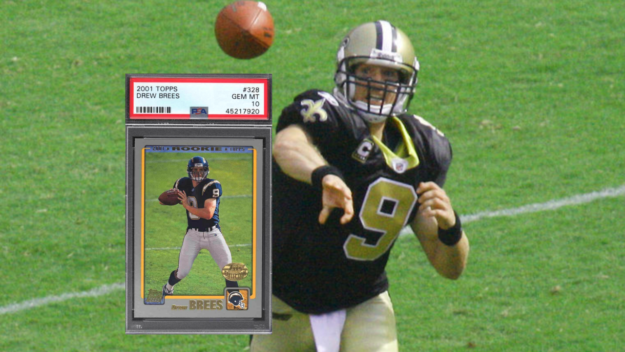 Drew Brees depicted alongside his most valuable NFL rookie card