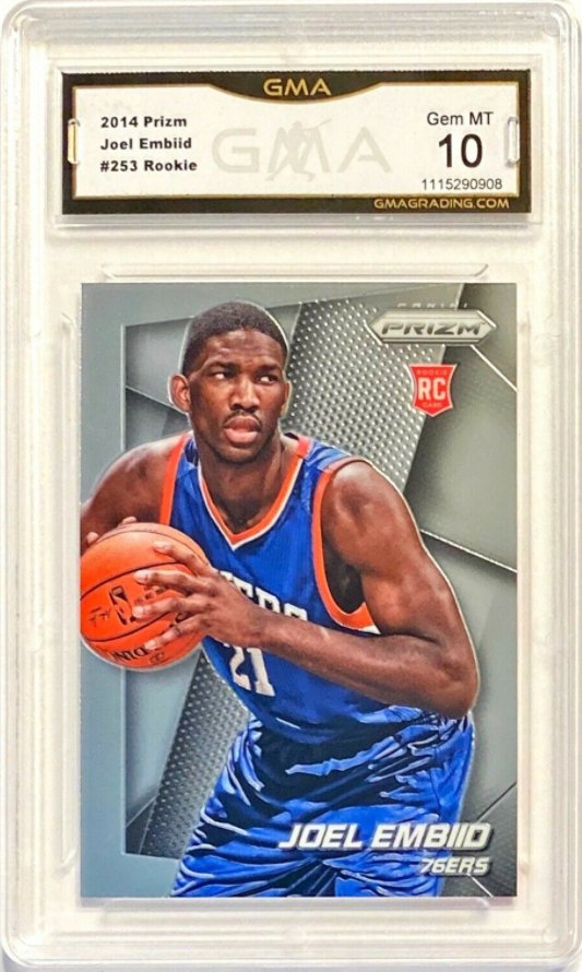 Joel Embiid 2014 Panini Base Prizm rookie card in GMA 10 gem mint condition