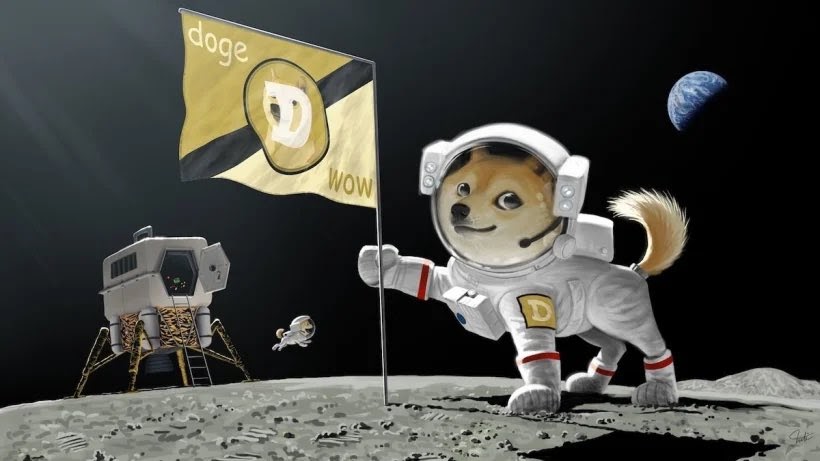 Meme cartoon of a Shiba Inu dog oin the moon in a space suit holding a flag that says "doge wow," indicating that the blockchain cryptocurrency Dogecoin will be going to the moon.
