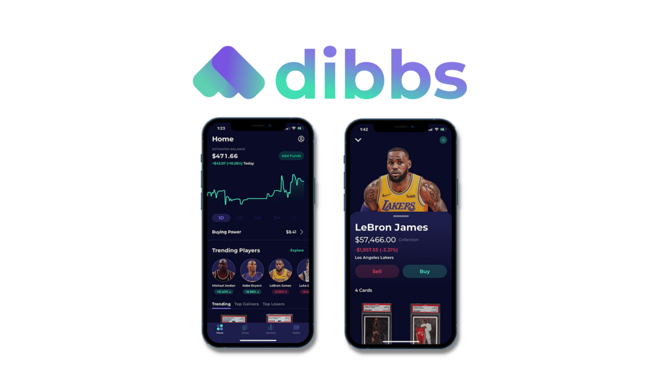 Logo of fintech platform Dibbs and its sample mobile interface on iOS