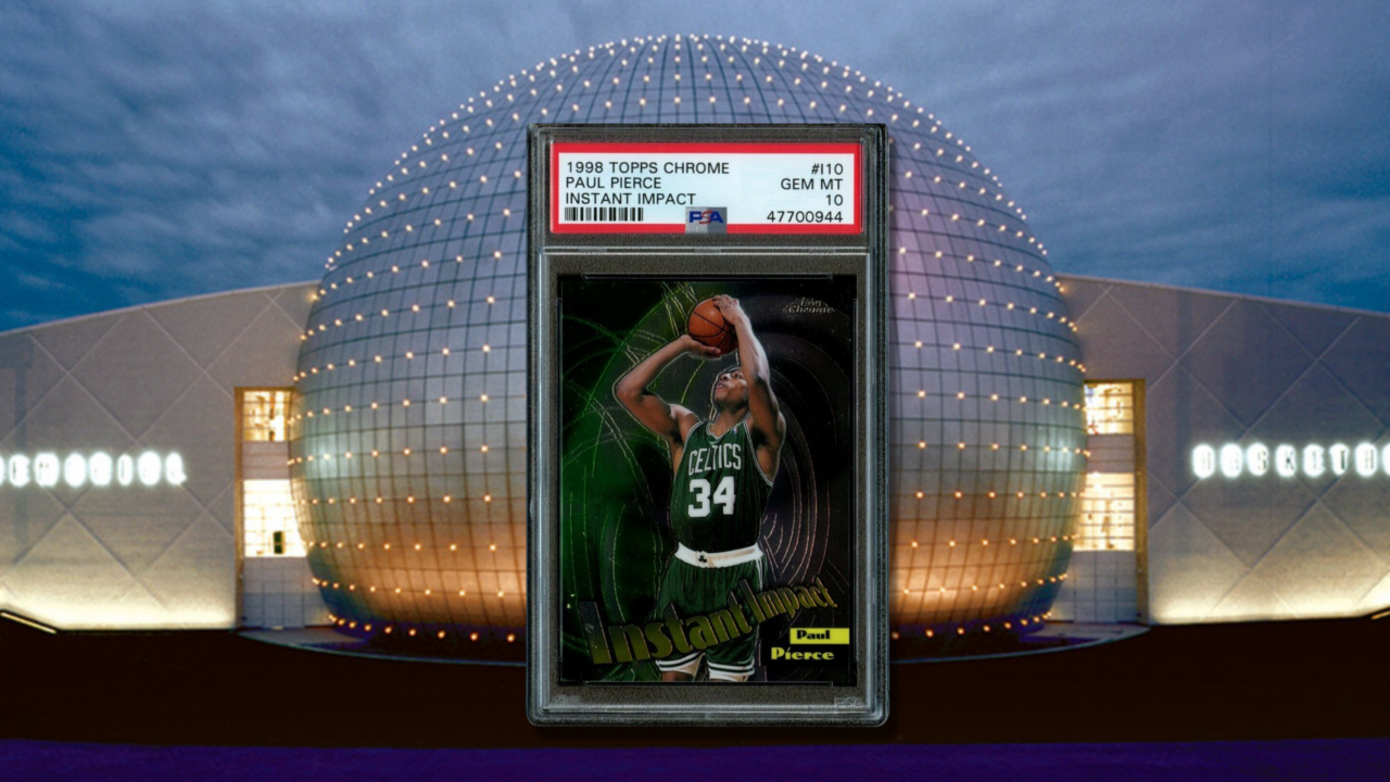Depicting a Paul Pierce Topps Chrome rookie card at the Naismith Basketball Hall of Fame in Springfield, Massachusetts