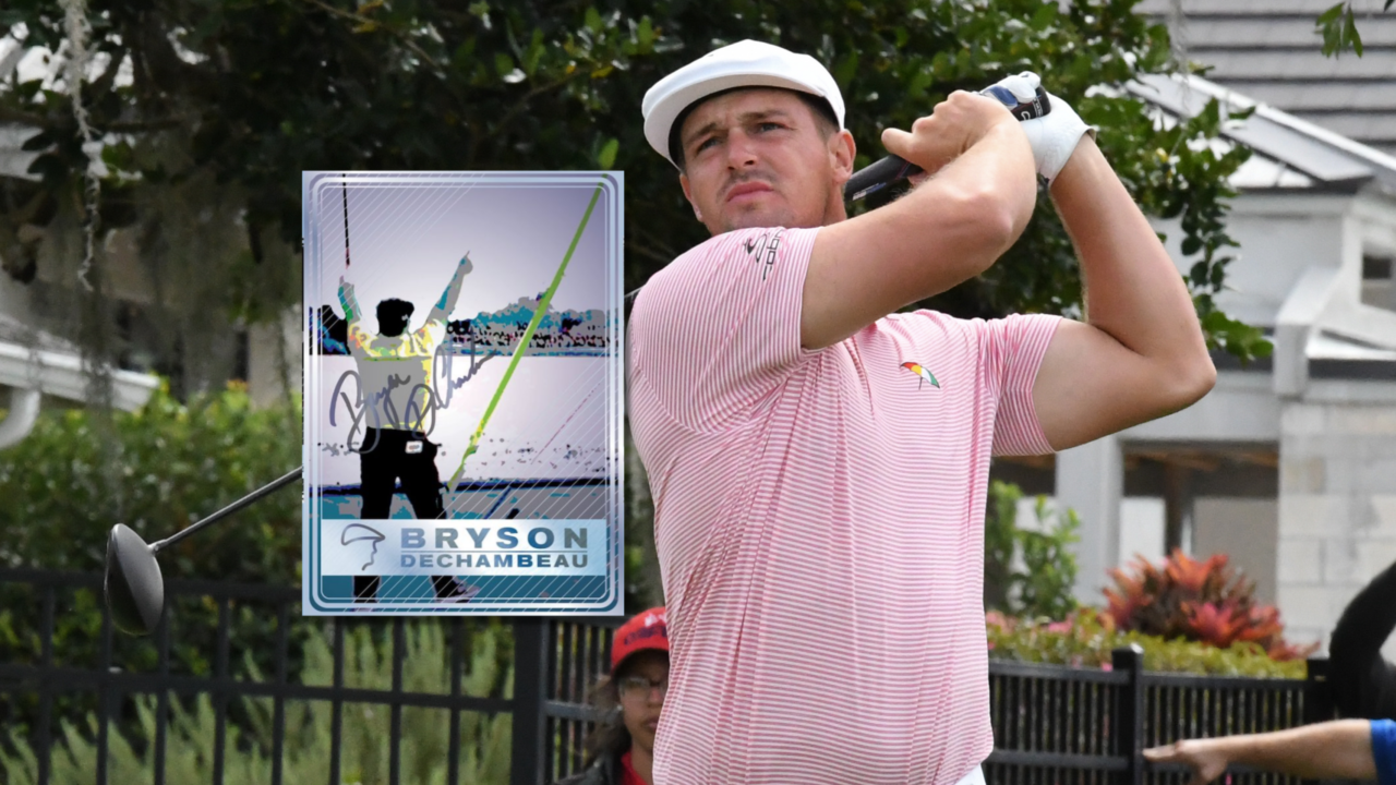 Golfer Bryson DeChambeau depicted next to his new NFT trading card release