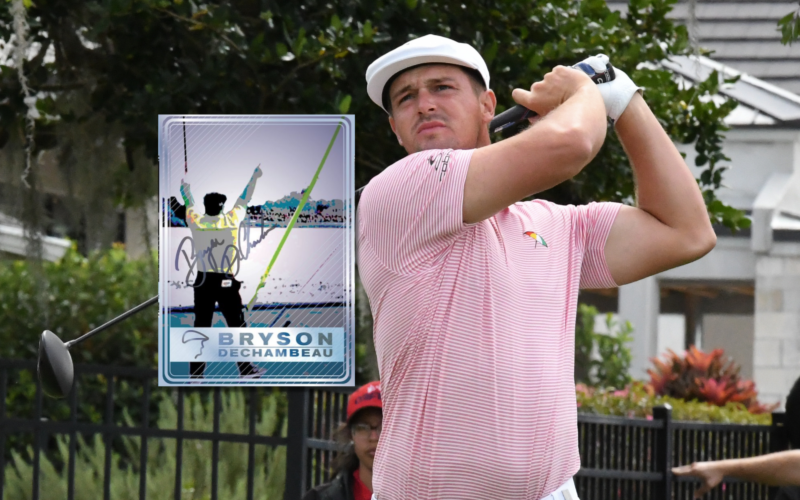 Golfer Bryson DeChambeau depicted next to his new NFT trading card release