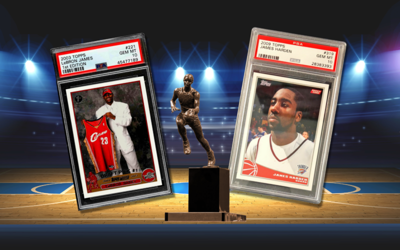 LeBron James and James Harden rookie cards flanking the NBA MVP trophy