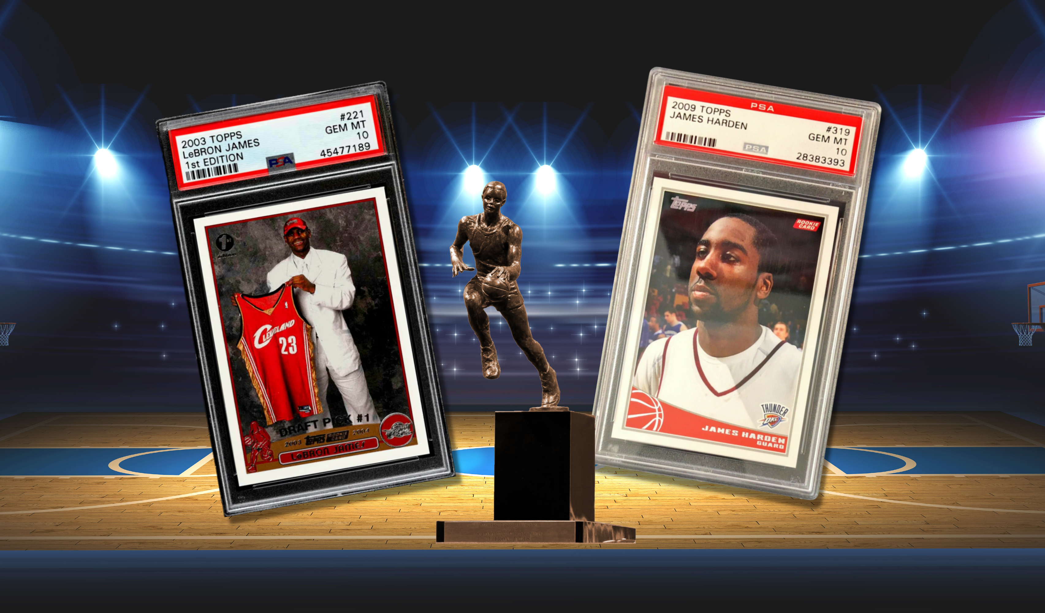 LeBron James and James Harden rookie cards flanking the NBA MVP trophy