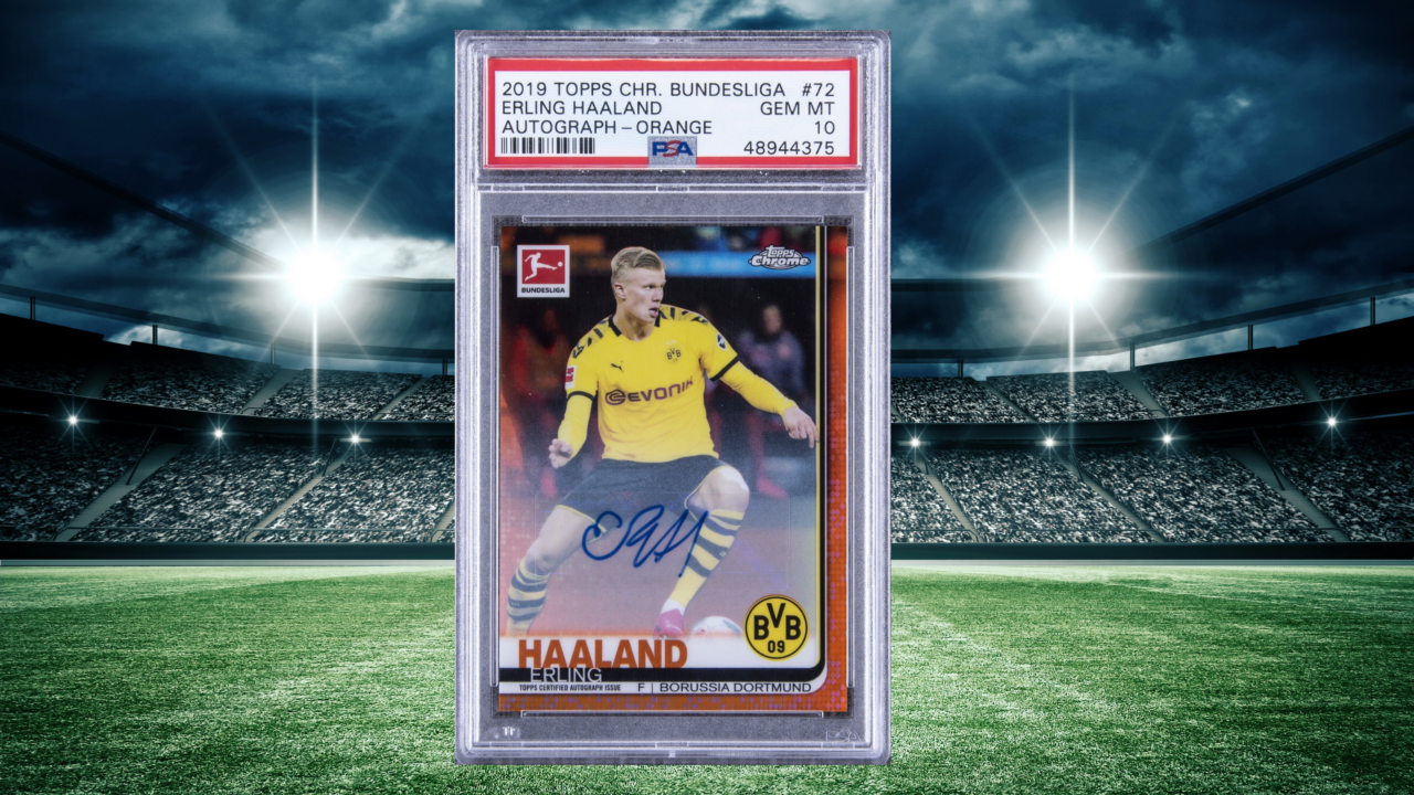 Depicting the Topps Chrome Orange Refractor card featuring Erling Braut Haaland of Borussia Dortmund