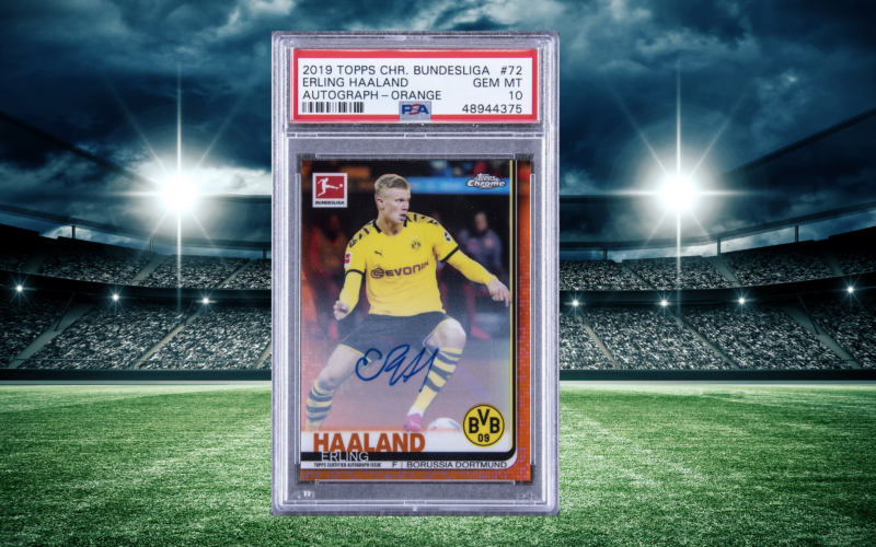 Depicting the Topps Chrome Orange Refractor card featuring Erling Braut Haaland of Borussia Dortmund