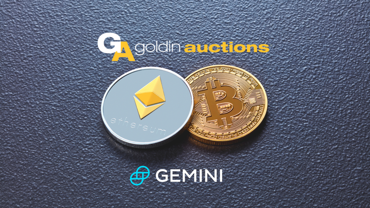 Logos of Goldin Auctions and Gemini alongside Bitcoin and Ethereum tokens
