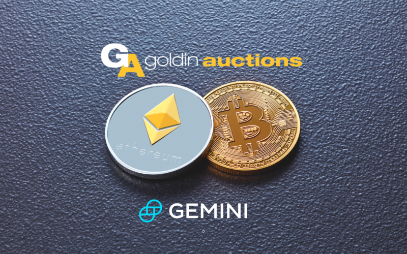 Logos of Goldin Auctions and Gemini alongside Bitcoin and Ethereum tokens
