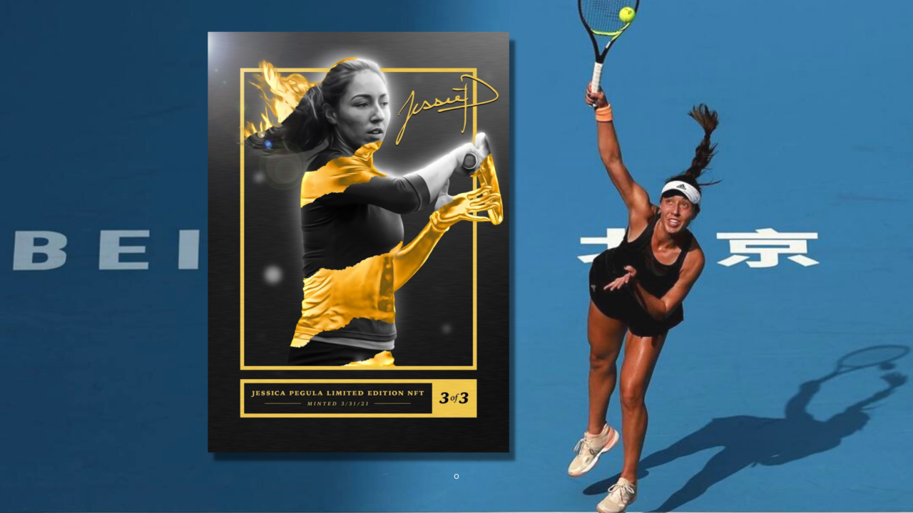 Tennis pro Jessica Pegula depicted next to one of her NFT trading cards