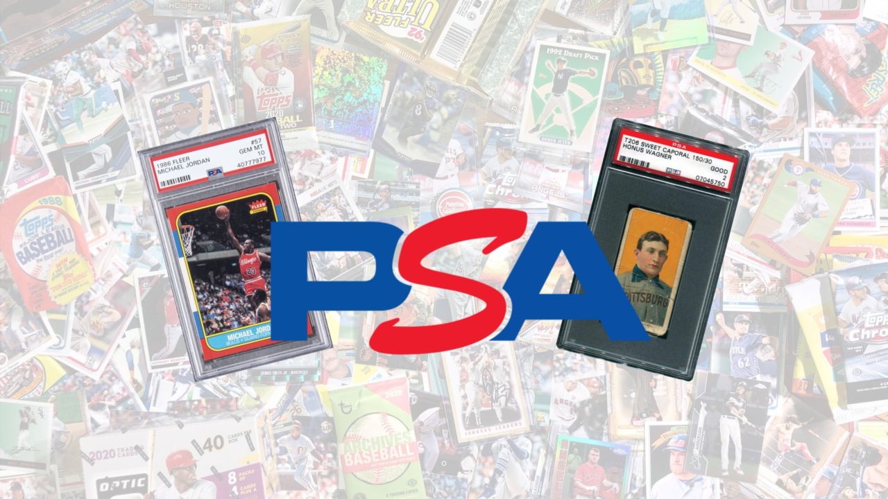 PSA logo flanked by Michael Jordan rookie card and rare Honus Wagner card