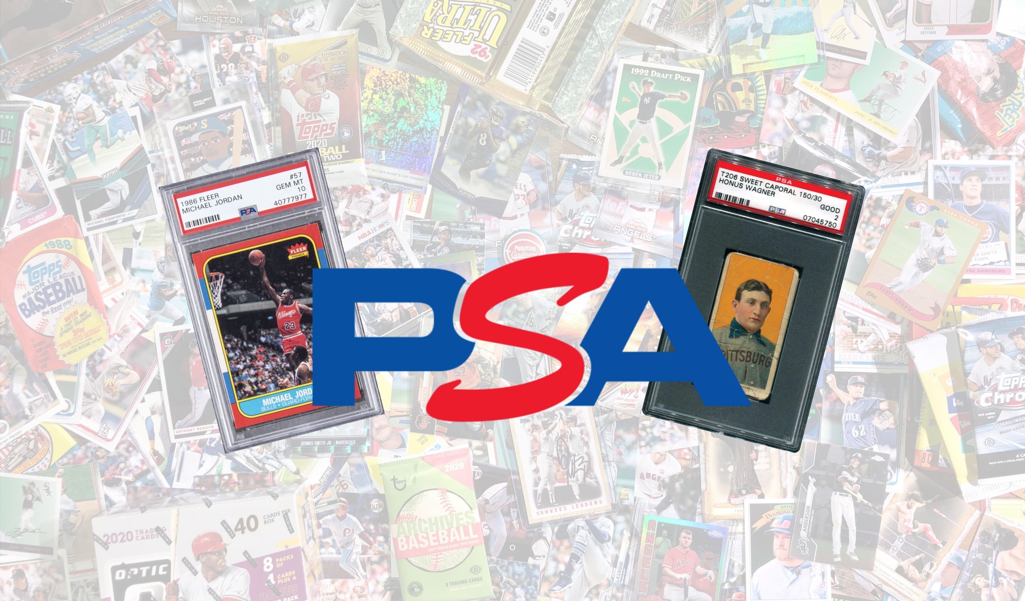 PSA logo flanked by Michael Jordan rookie card and rare Honus Wagner card