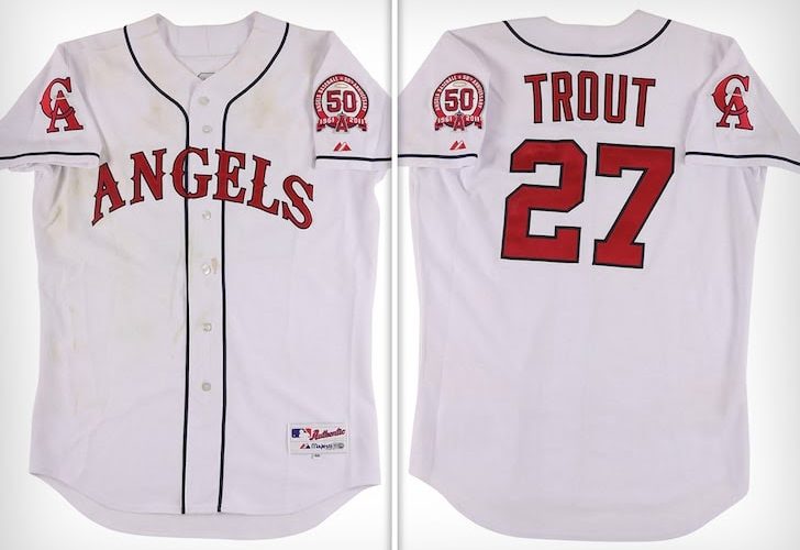 2 images showing the front and back of Mike Trout's jersey