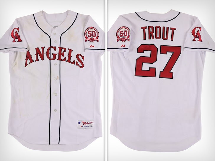 2 images showing the front and back of Mike Trout's jersey