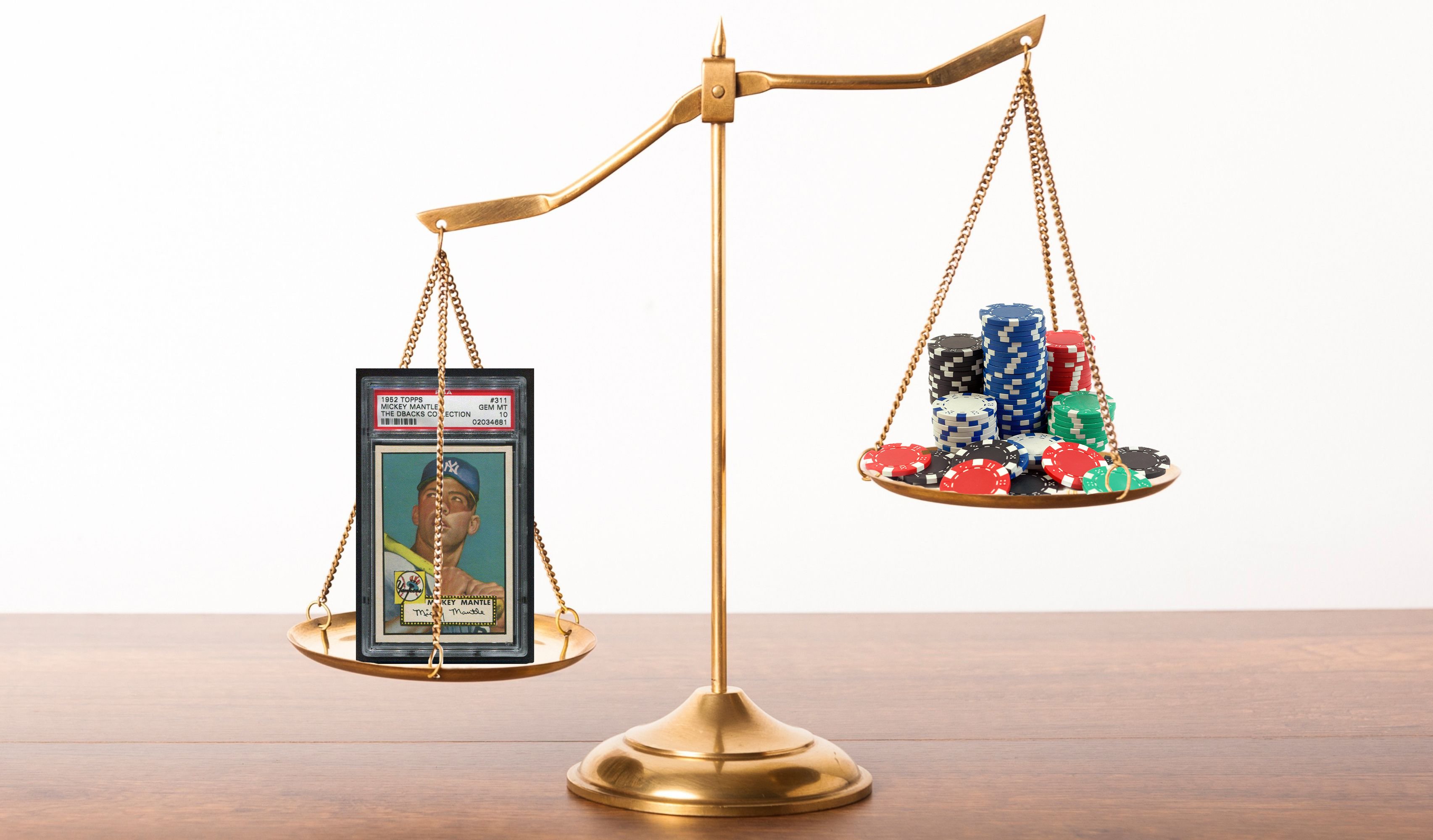 The iconic 1952 Topps Mickey Mantle card outweighing a stack of poker chips