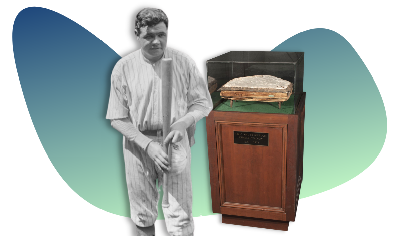 Babe Ruth depicted next to the original home plate used at Yankee Stadium in 1923