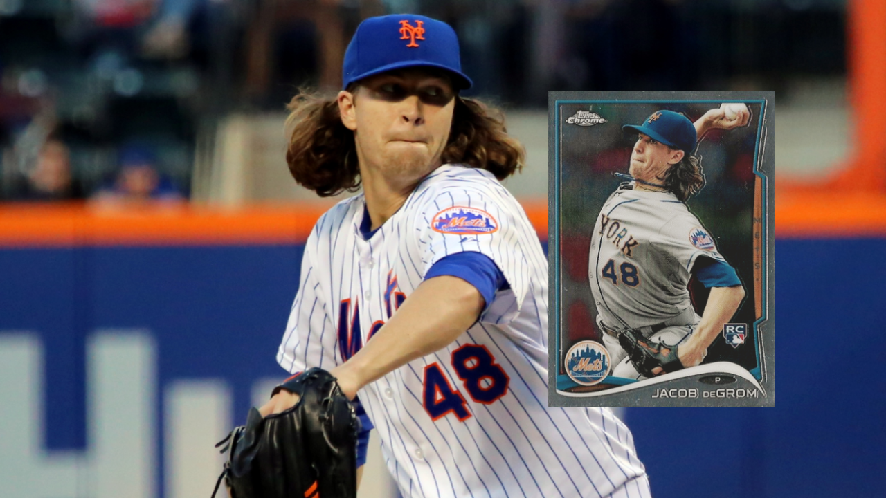 New York Mets pitcher Jacob deGrom depicted next to his 2014 Topps Chrome rookie card