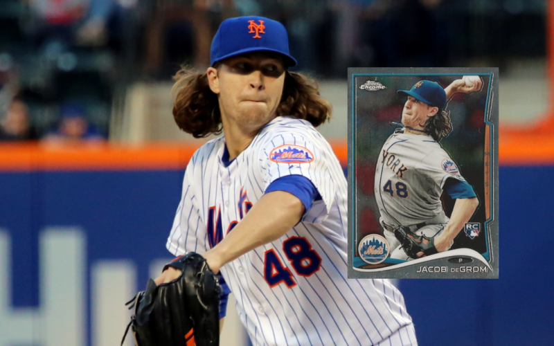 New York Mets pitcher Jacob deGrom depicted next to his 2014 Topps Chrome rookie card