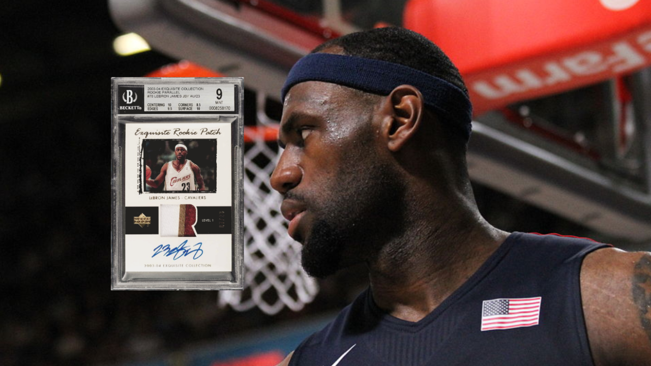 LeBron James depicted alongside his 2003-04 Exquisite Rookie Patch Auto Parallel card