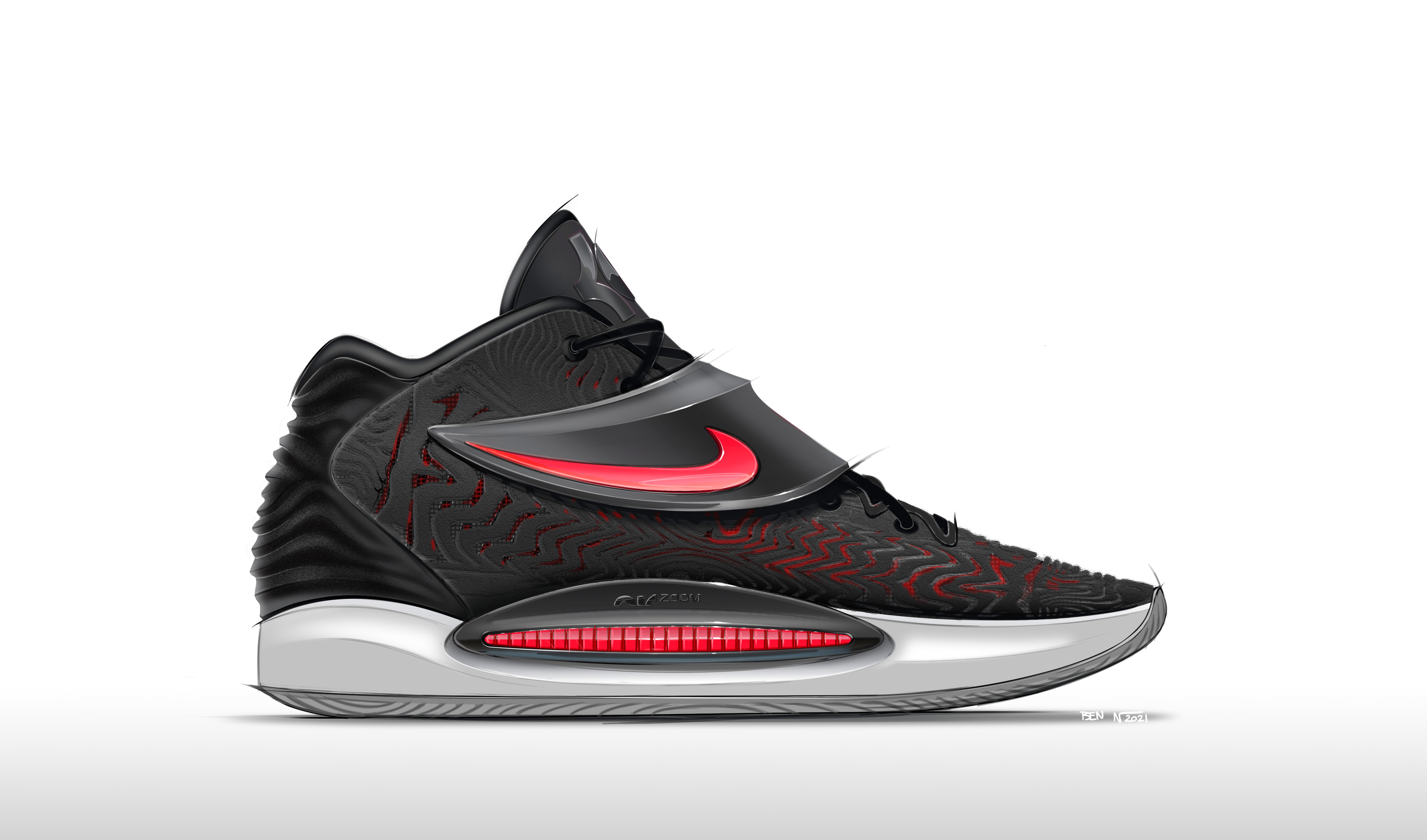 Profile view of the Nike KD14 basketball shoe