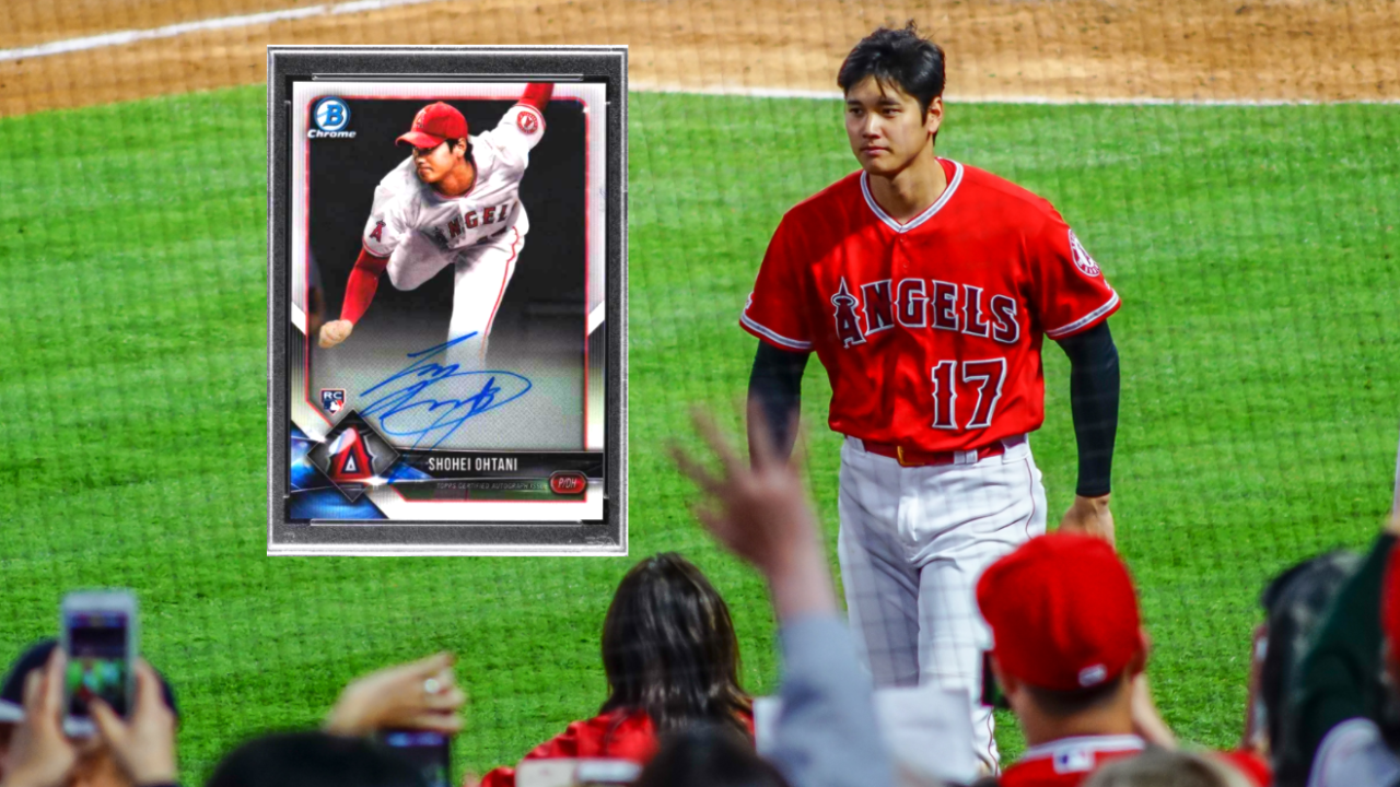 Depicting Angels star Shohei Ohtani next to his Bowman Chrome Base rookie card