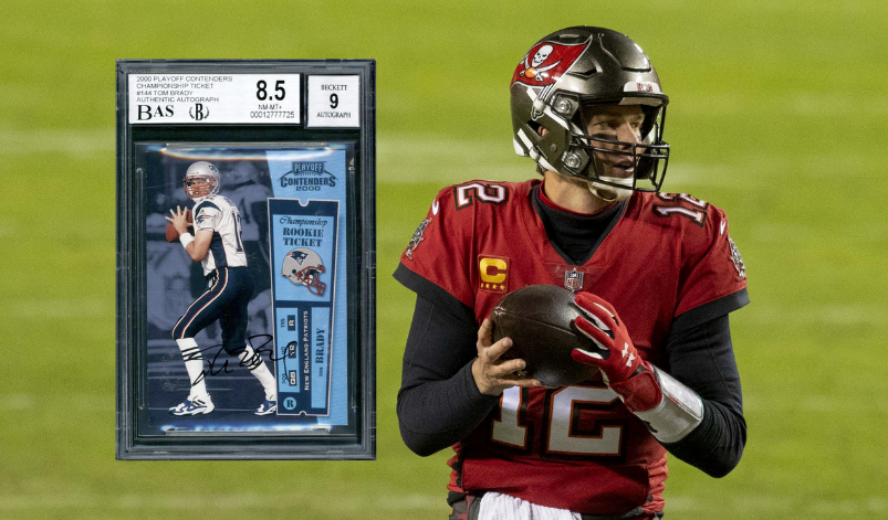 Buccaneers QB Tom Brady depicted next to his "Championship Ticket" rookie card