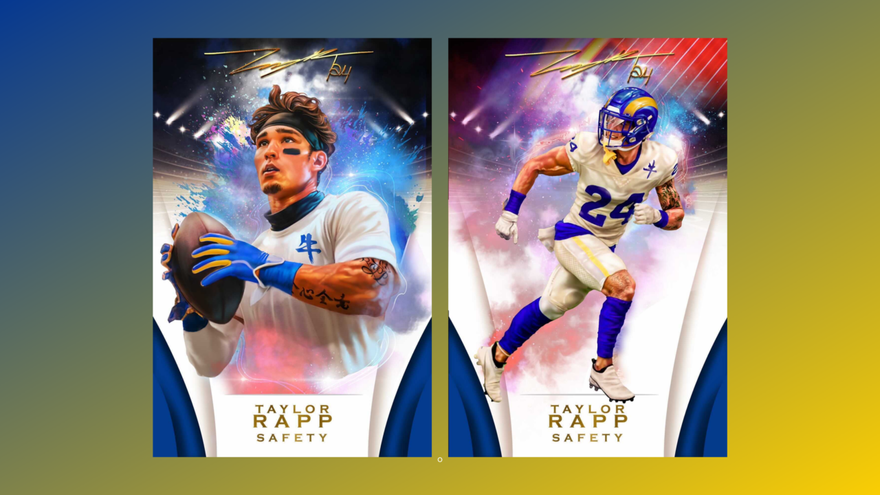Two NFT trading card artworks featuring Taylor Rapp of the Los Angeles Rams