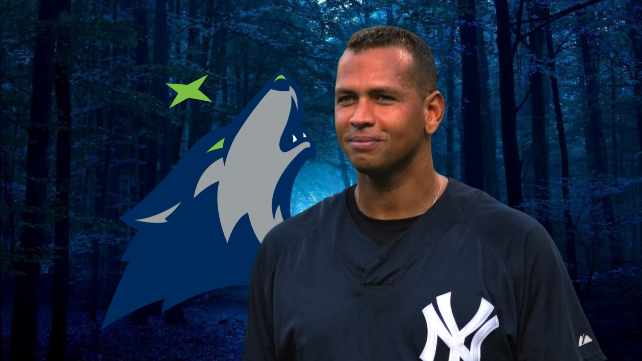 Depicting Alex Rodriguez in front of the logo of the Minnesota Timberwolves