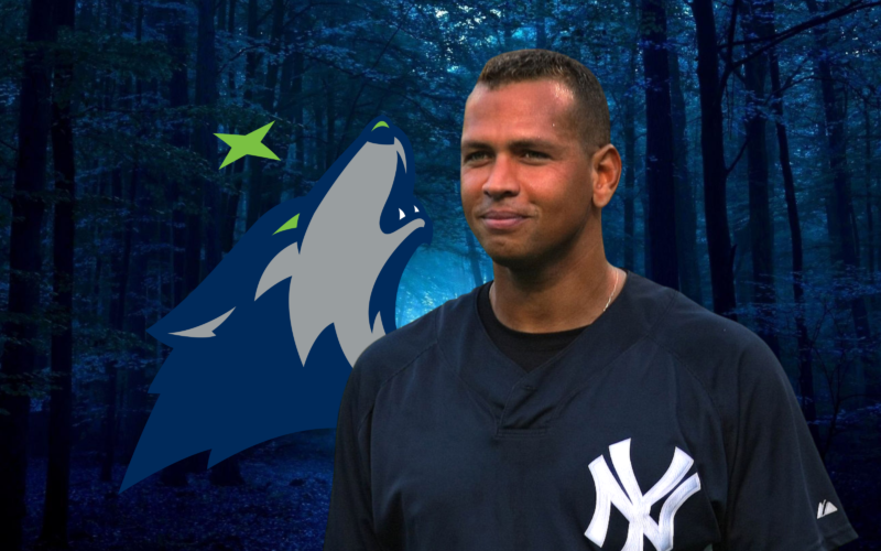 Depicting Alex Rodriguez in front of the logo of the Minnesota Timberwolves