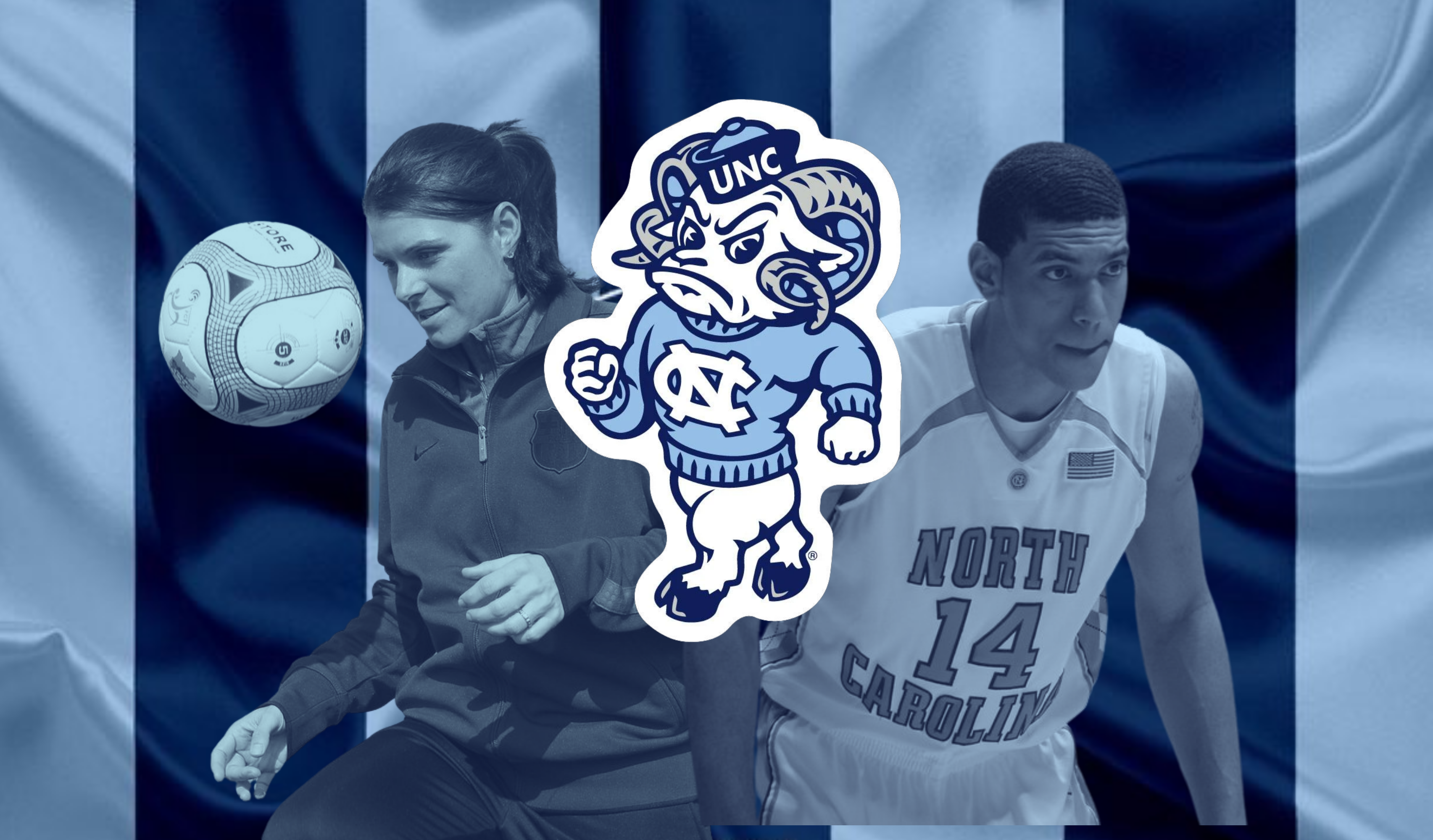 Depicting UNC Tar Heels mascot Rameses alongside Mia Hamm and Danny Green
