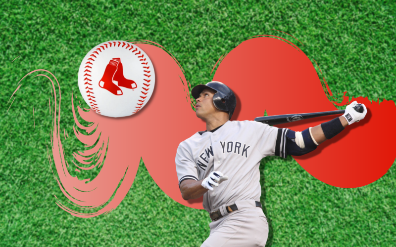 Alex Rodriguez as a member of the New York Yankees depicted next to a Boston Red Sox-themed baseball