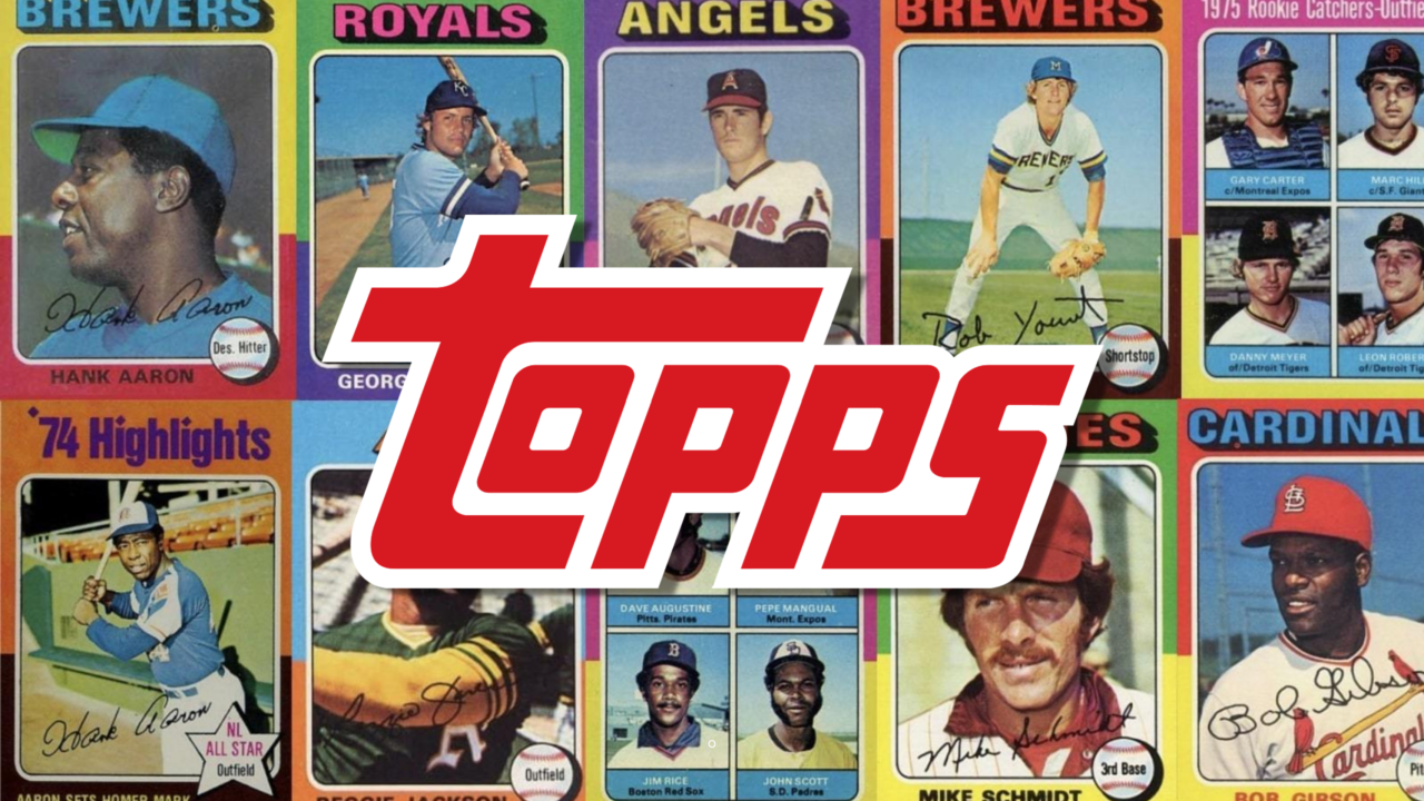 Depicting the Topps trading card logo in front of a series of classic baseball cards from the 1970s