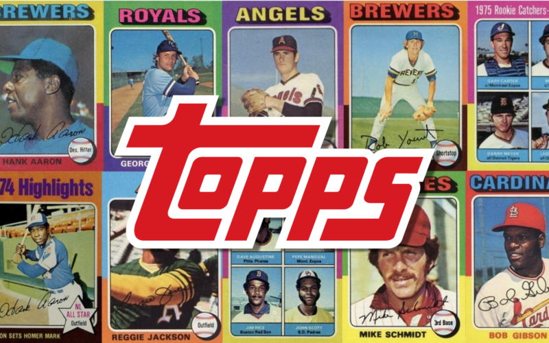 Depicting the Topps trading card logo in front of a series of classic baseball cards from the 1970s