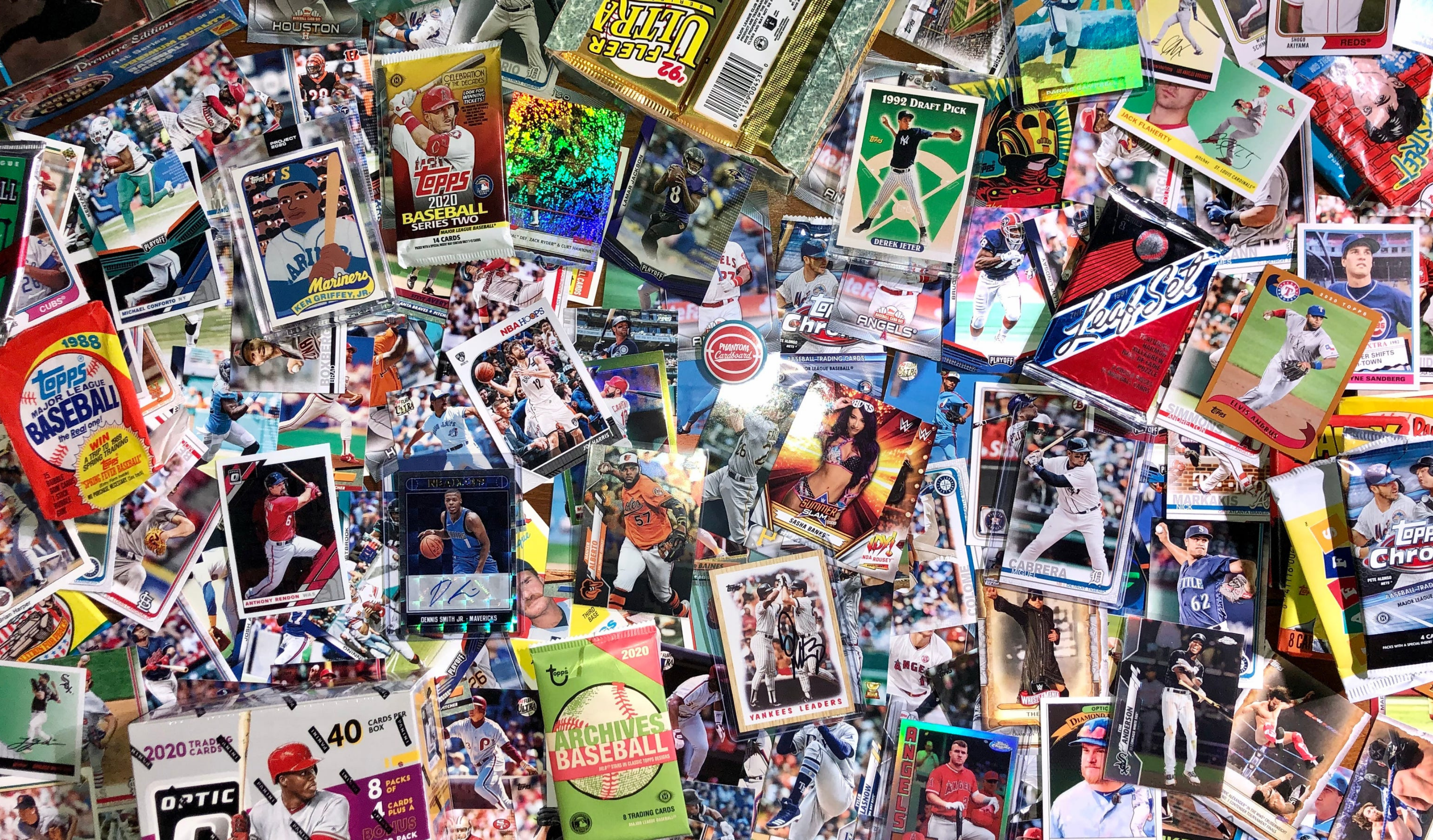 Depicting a mixed collection of sports cards