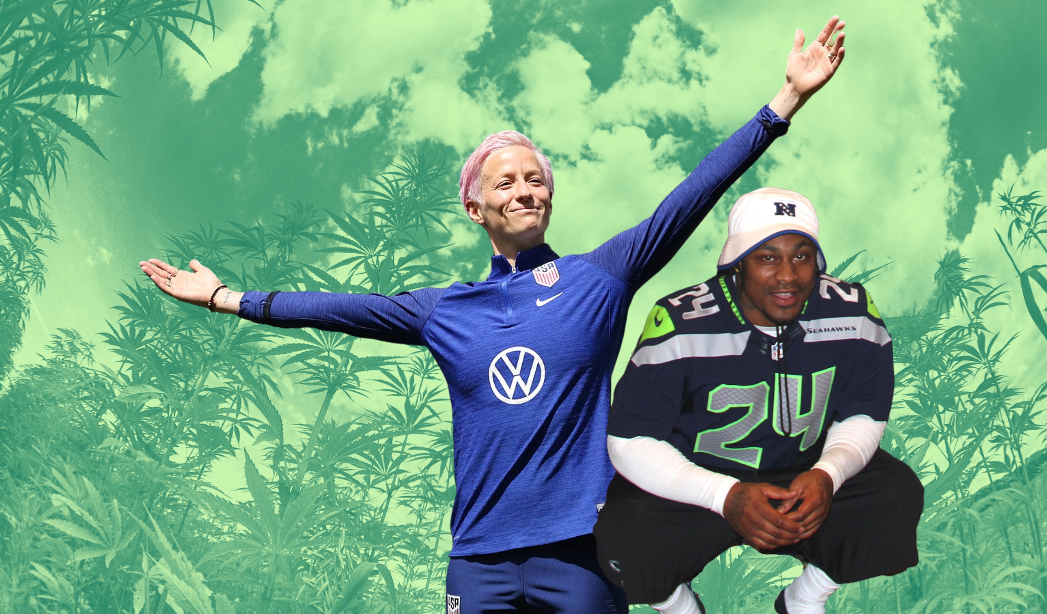 Depicting Megan Rapinoe and Marshawn Lynch in a field of marijuana plants