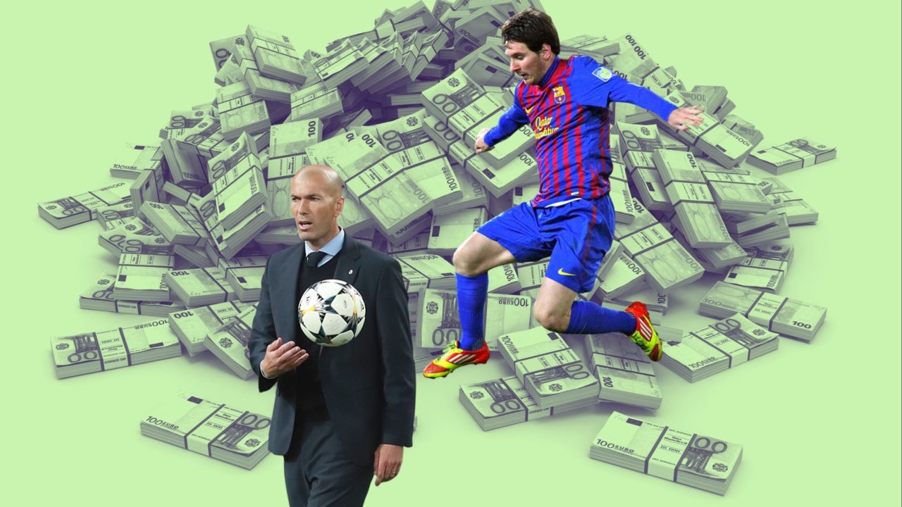 Depicting Zinedine Zidane and Lionel Messi in front of a pile of Euro currency