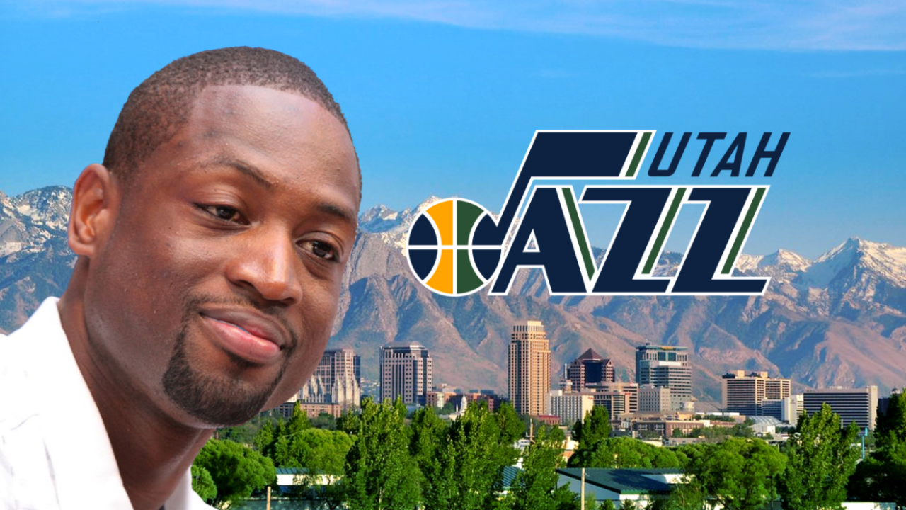 Depicting Dwyane Wade and the Utah Jazz logo in front of the Salt Lake City skyline