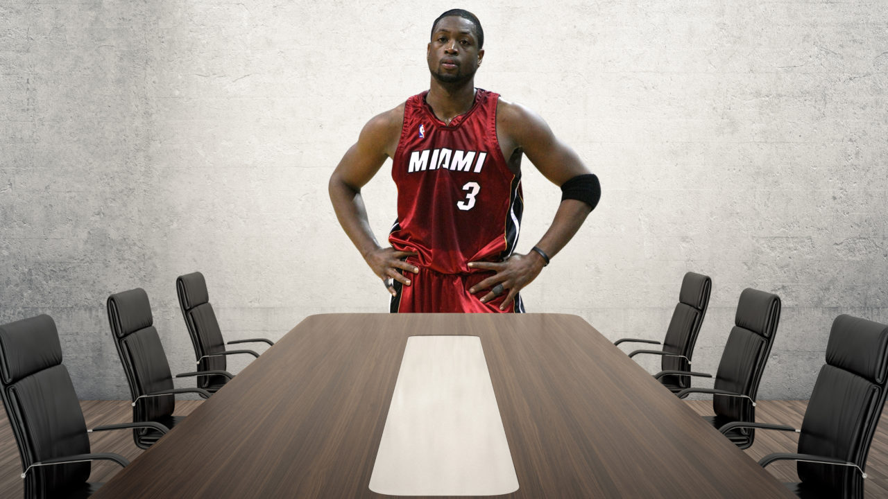 Depicting Dwyane Wade at the head of a boardroom table
