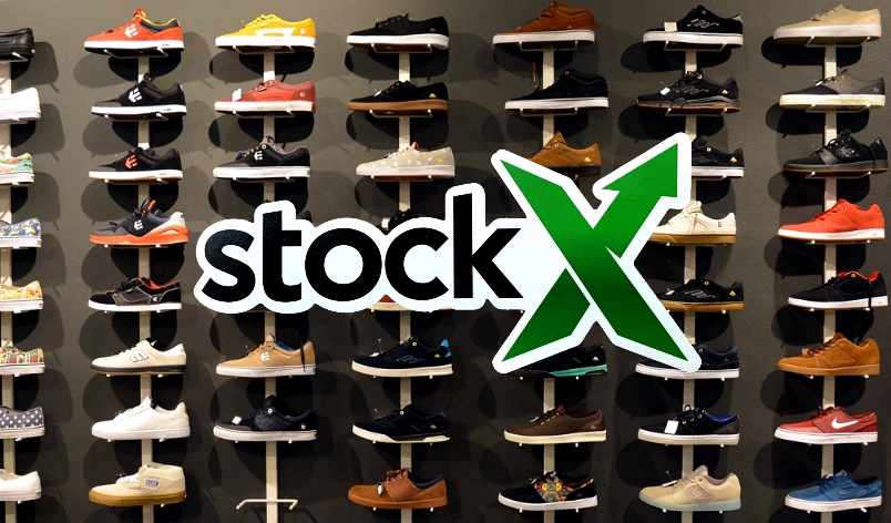 Depicting the StockX logo in front of a sneaker collection