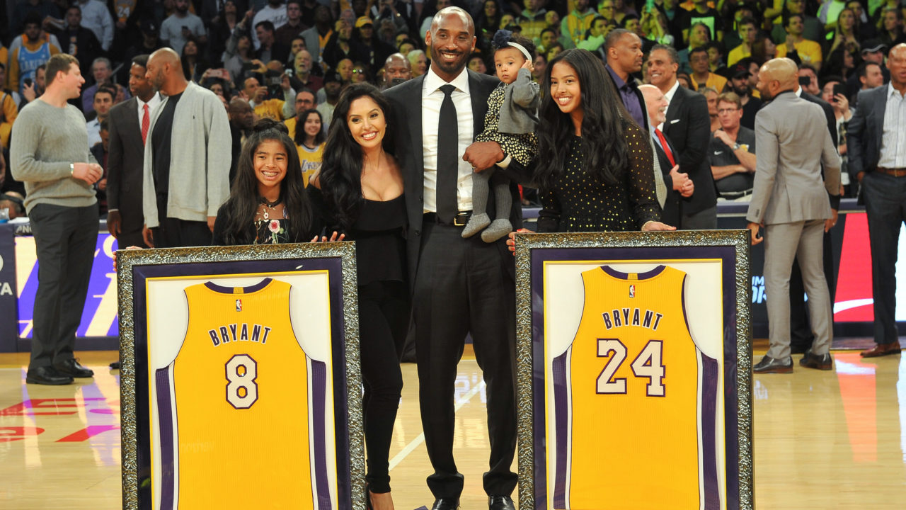 Kobe Bryant with his wife and children at his jersey retirement ceremony at Staples Center in Los Angeles