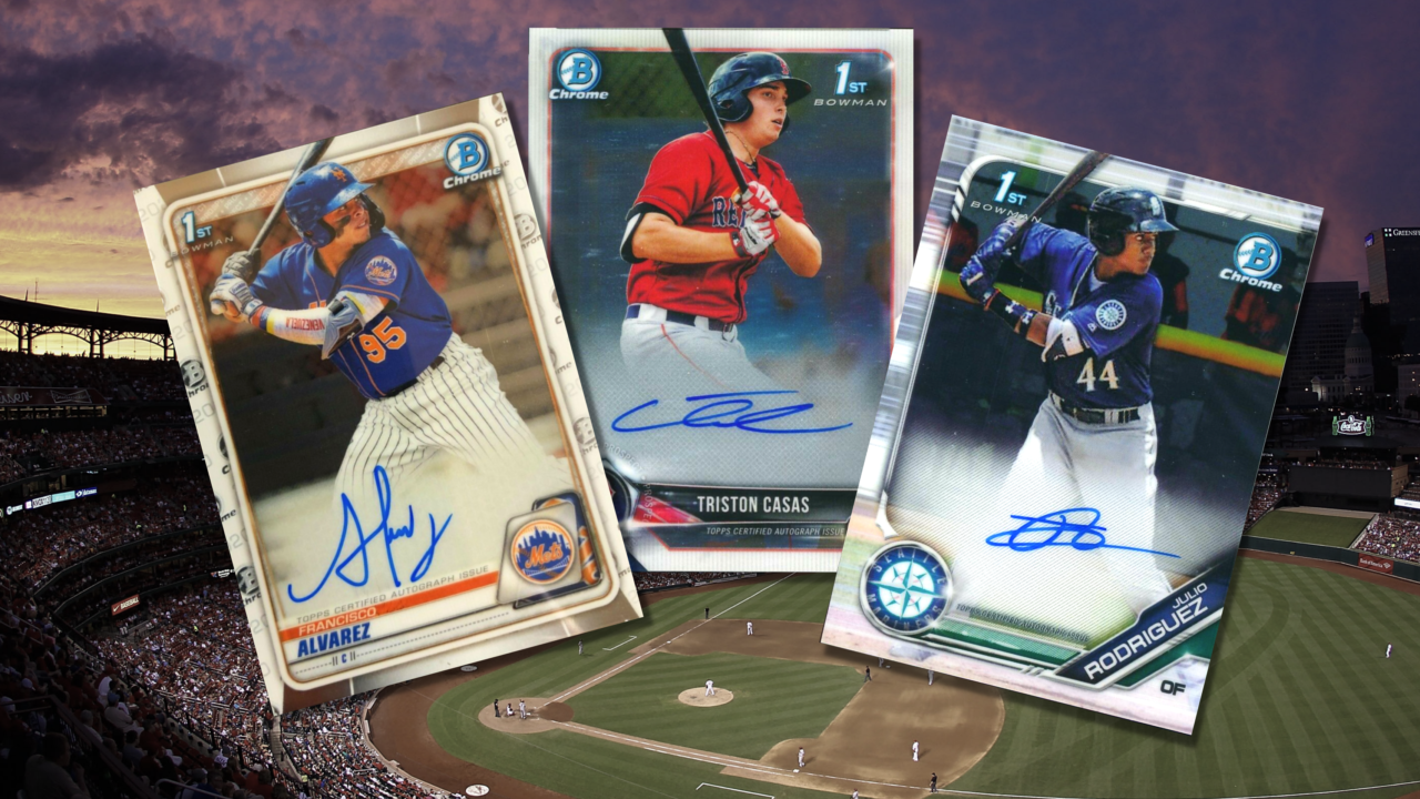 Bowman Chrome prospect baseball cards featuring Francisco Alvarez, Triston Casas, and Julio Rodriguez