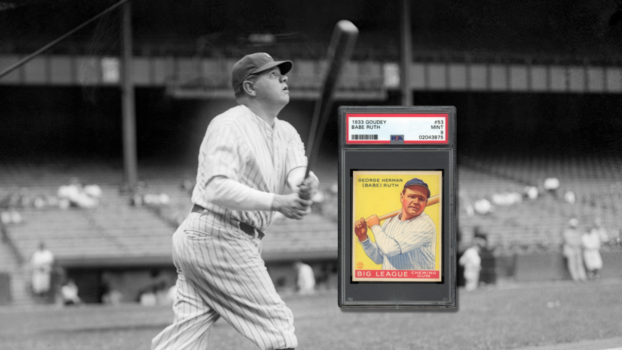 Babe Ruth depicted next to his 1933 Goudey chewing gum baseball card