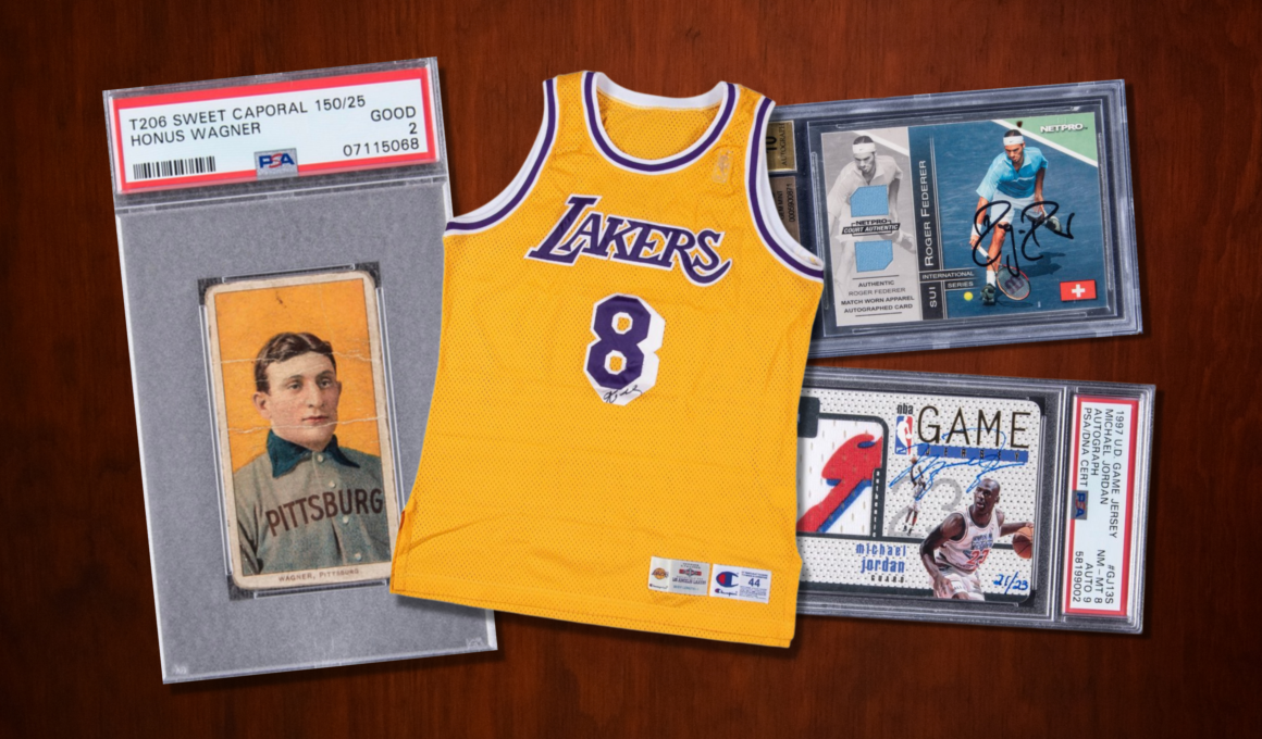 Trading cards featuring Honus Wagner, Michael Jordan, and Roger Federer and a Kobe Bryant jersey