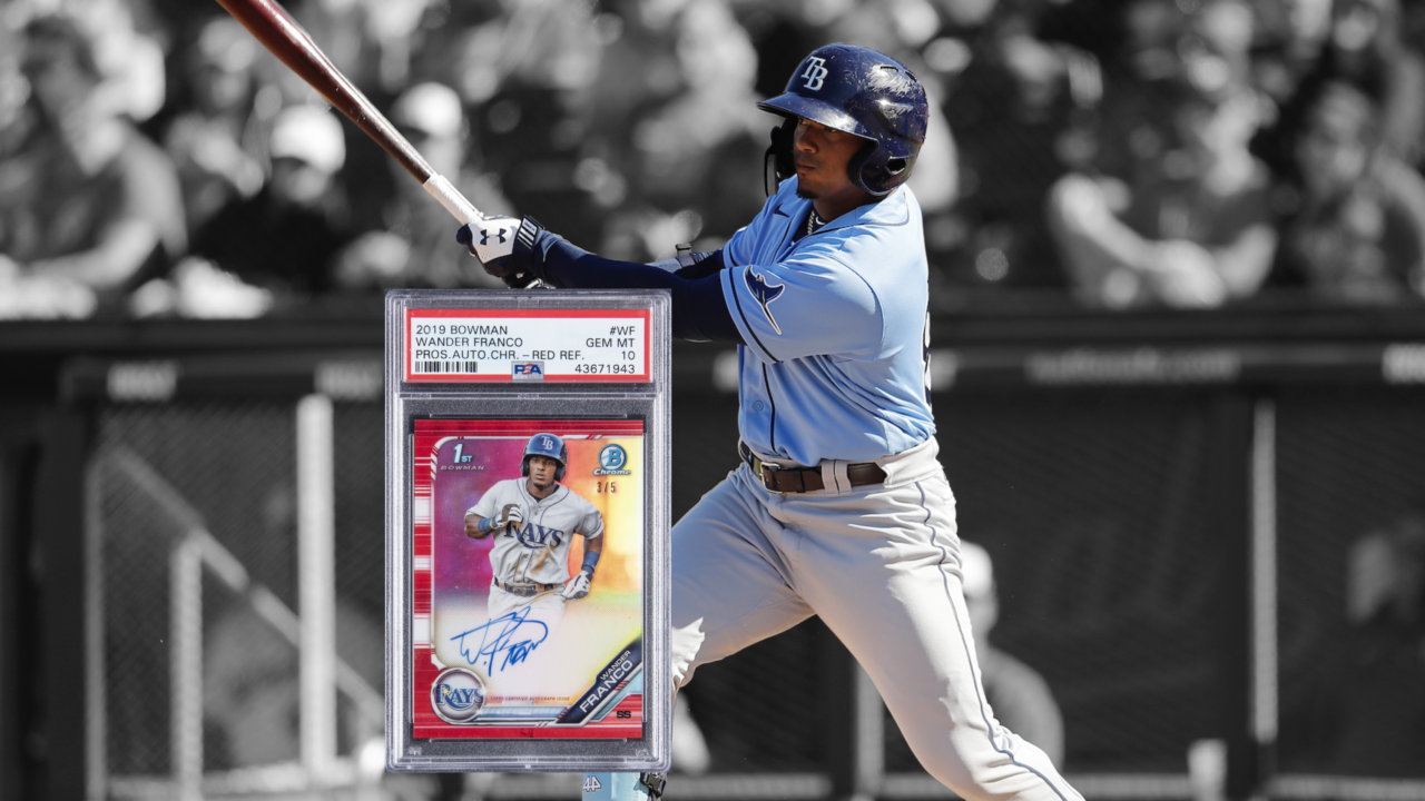 Depicting Rays SS Wander Franco and his Bowman Chrome Auto Red Refractor /5 prospect card