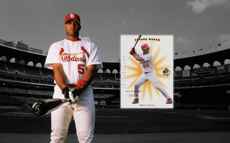 Albert Pujols posing as a member of the St. Louis Cardinals, depicted next to his SP Authentic limited edition "Future Watch" rookie card