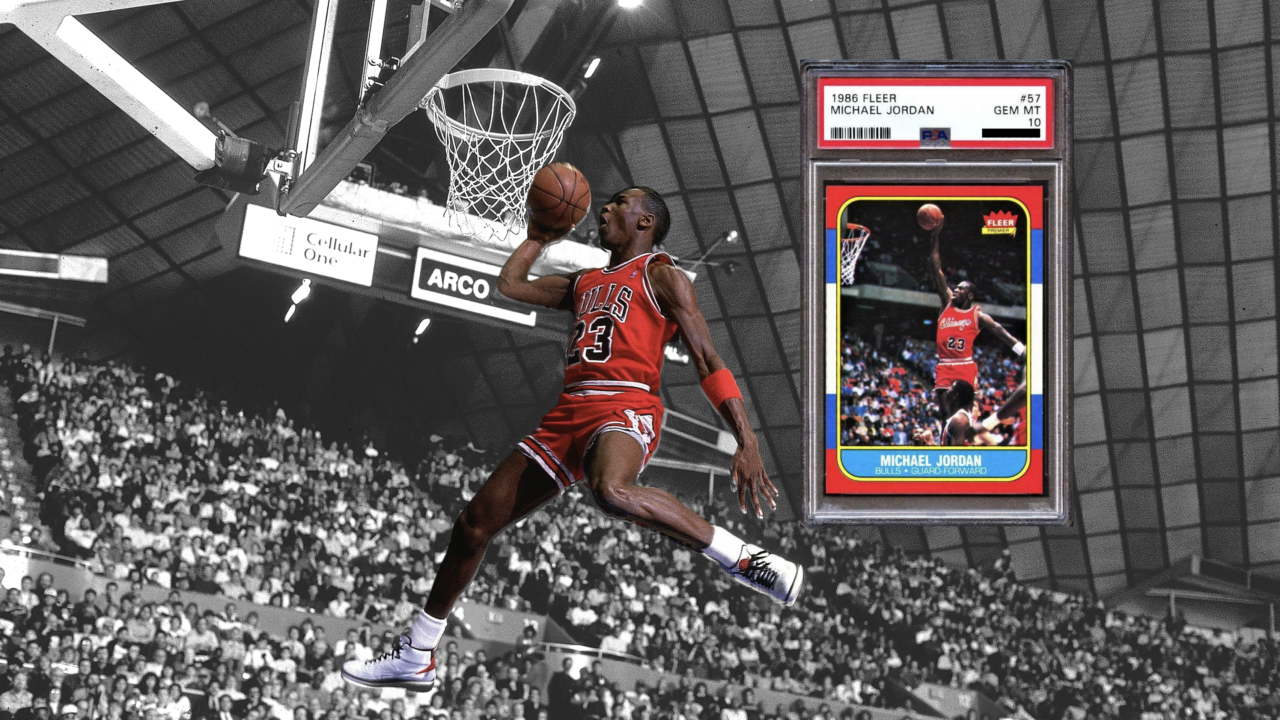 Depicting Michael Jordan next to his 1986 Fleer #57 rookie card